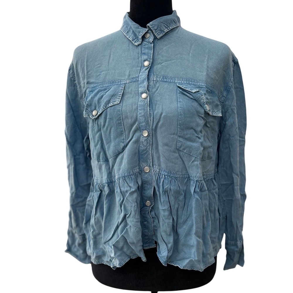 Poet Romance Blue Viscose Peplum Snap Front Western Shirt Women Size 4 US 8 UK